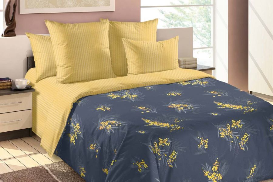 Перкаль [синий] Постельное белье Ветки мимозы 1, постельное белье