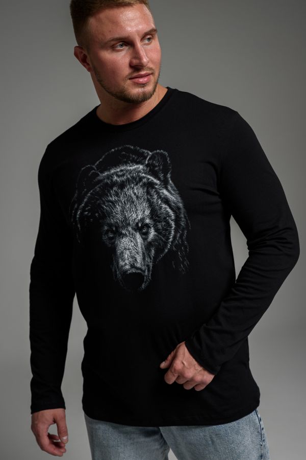 8514 Футболка с длинным рукавом мужская [черный+медведь]