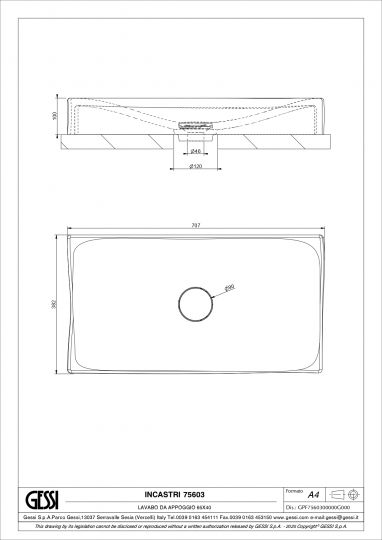 Накладная раковина прямоугольная Gessi Incastri 75603 65х40 см схема 2