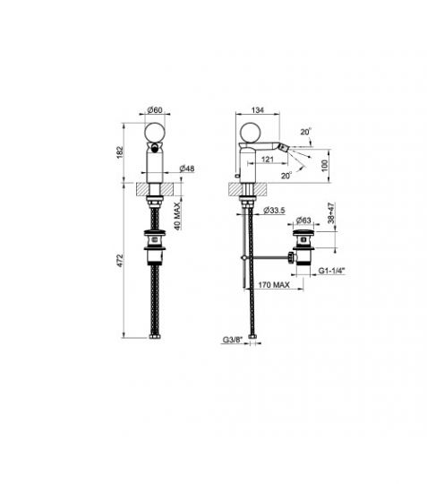 Смеситель для биде Gessi Perle 74107 с донным клапаном с вентилем из мрамора Emperador Dark схема 2