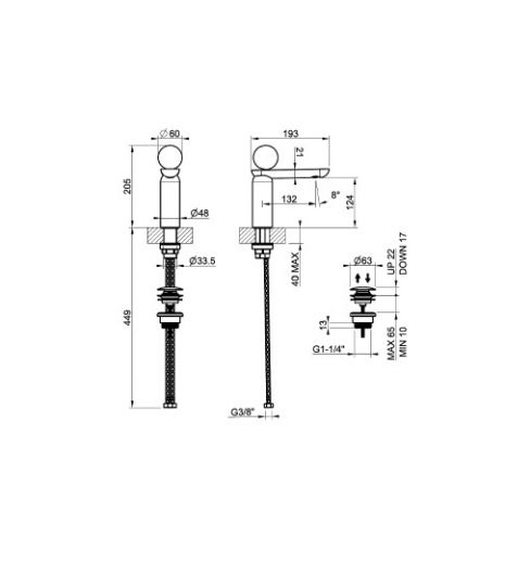 Смеситель для раковины Gessi Perle 74151 низкий с донным клапаном и вентилем из мрамора Emperador Dark схема 2
