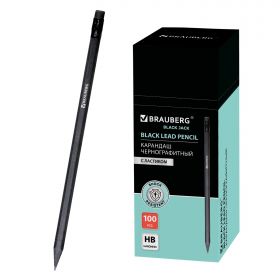 Карандаш чернографитный BRAUBERG, 1 шт., «Black Jack», НВ, с ластиком, черное дерево, корпус черный, 180609