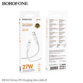 Кабель Type-C-8 pin 1м 3A PD27Вт BX116, ткань,бел.