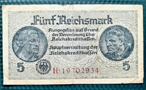 5 рейхсмарок 1939 - 1945 Германия для оккупированных территорий XF