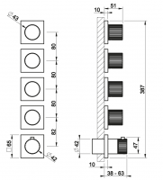 Смеситель для душа Gessi Incastri 75338 с термостатом на 4 запорных вентиля горизонтальная установка схема 2