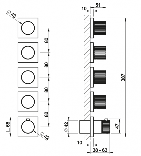Смеситель для душа Gessi Incastri 75338 с термостатом на 4 запорных вентиля горизонтальная установка схема 2