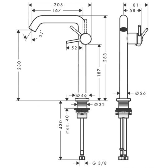 Смеситель для раковины Hansgrohe Tecturis S 73370670 высокий CoolStart EcoSmart+ с донным клапаном черный матовый схема 2