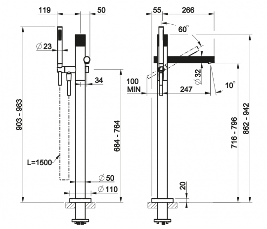 Смеситель для ванны Gessi Incastri 75028 напольный с ручным душем схема 2