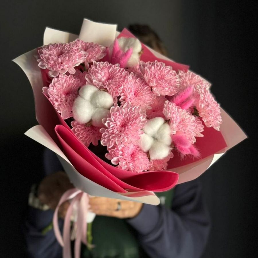 Букет "Юлия"/хризантема кустовая/хлопок/лагурус