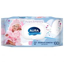 Салфетки влажные детские 100 шт., AURA Ultra Сomfort, гипоаллергенные, 0+, крышка клапан