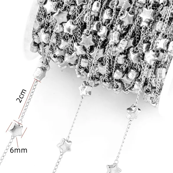 Цепь из металла СО ЗВЕЗДАМИ диаметр 6 мм 1 метр в упаковке разный цвет металла (СBS-Y24.26)