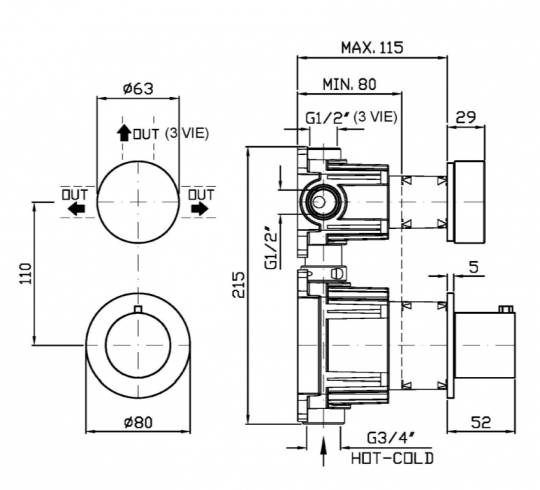 Термостатический смеситель для душа Zucchetti Isy22 ZIS6806 с переключателем на 2/3 источника схема 2