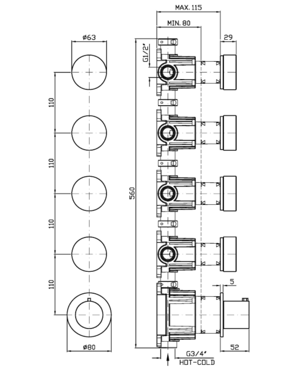 Термостатический смеситель для душа Zucchetti Isy22 ZIS4804.P91 с 4 запорными клапанами ФОТО