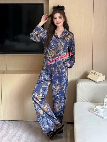 Пижама шелк с брюками  AIPINGNA 6101 (синяя рисунок)