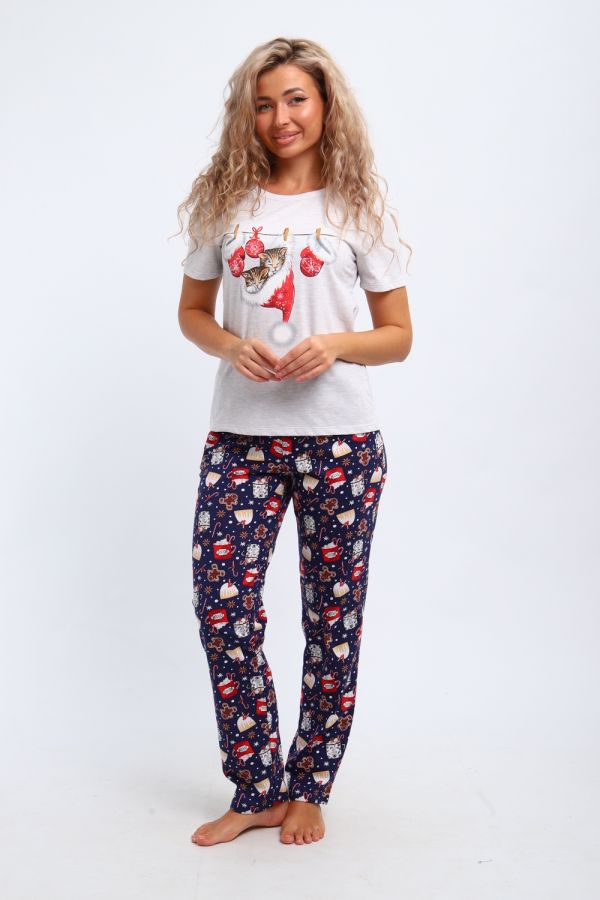 Костюм домашний "Котята новогодние" арт. КД-008-080 [белый меланж/синий]
