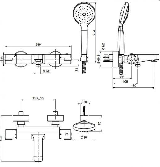 Смеситель для ванны и душа Fima carlo frattini Fimatherm F4074 схема 2