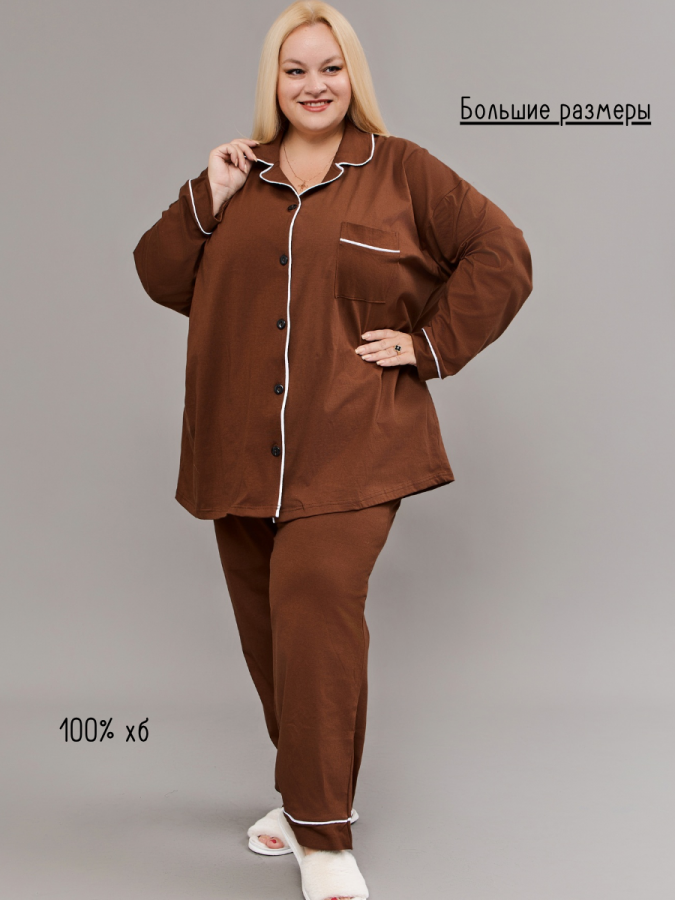 Пижама на пуговицах со штанами больших размеров Однотоннная [коричневый]
