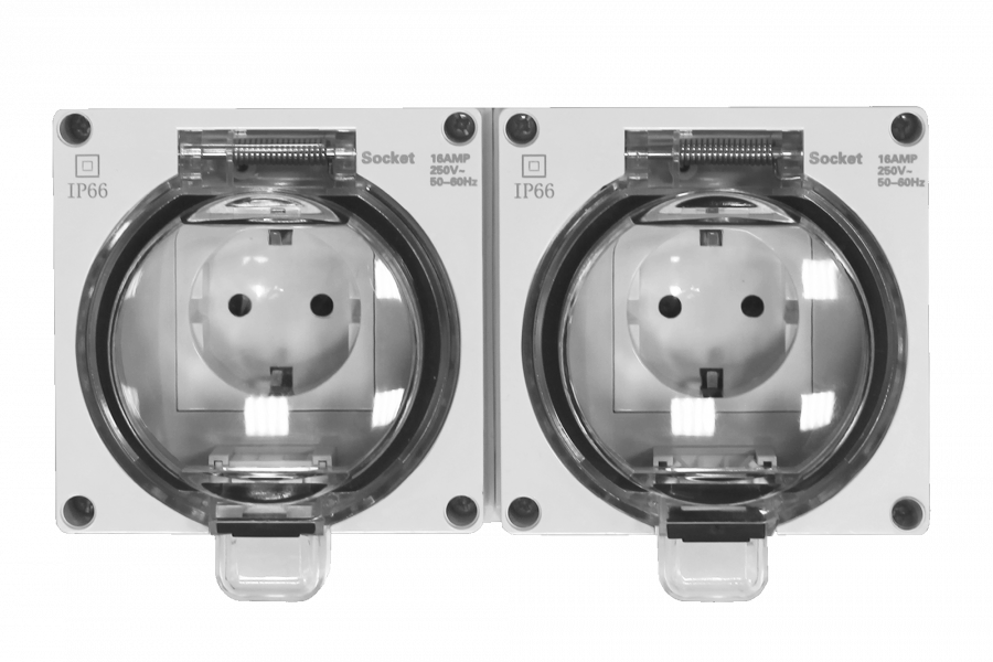 Розетка 2-я с з/к. и шт., открытой установки, серый, IP66, серия (тип) DIP66