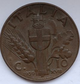 Король Виктор Эммануил III 10 чентезимо Италия 1939 (коричневый цвет)