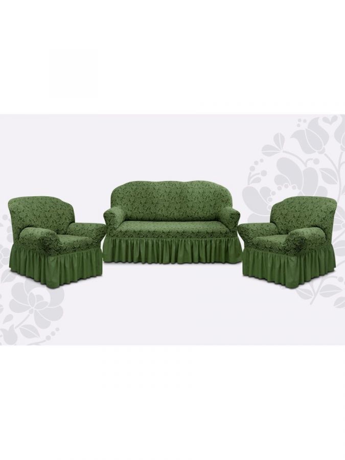 Комплект чехлов на 3-х местный диван и 2 кресла с оборкой Жаккард ,Зелёный
