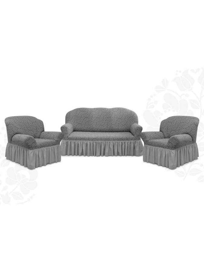 Комплект чехлов на 3-х местный диван и 2 кресла с оборкой Жаккард ,Серый