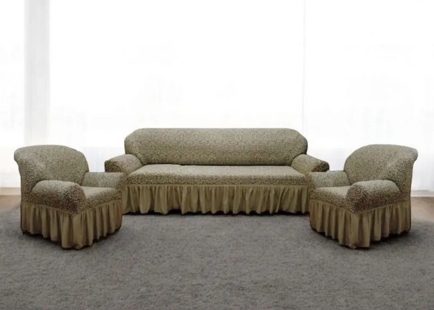 Комплект чехлов на 3-х местный диван и 2 кресла с оборкой Жаккард ,кофе с молоком