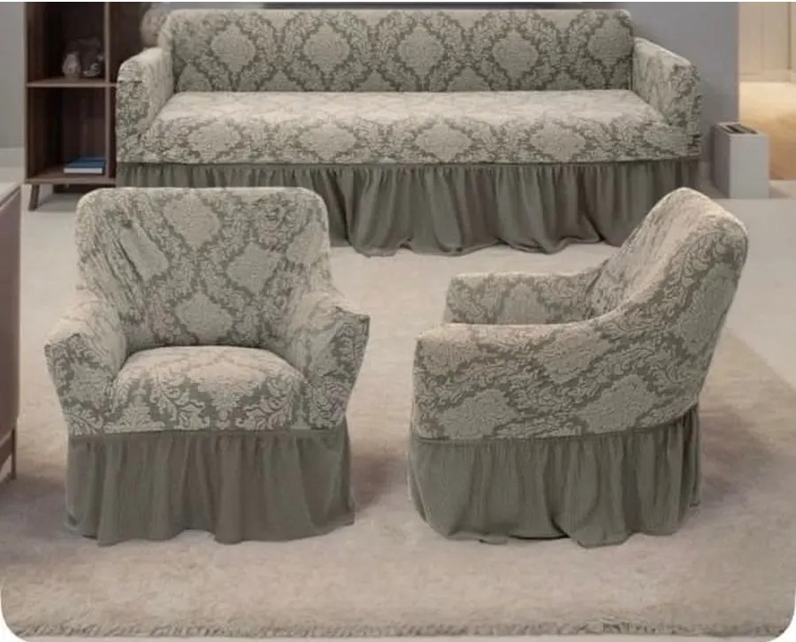 Комплект чехлов на 3-х местный диван и 2 кресла с оборкой Жаккард ,светло-серый