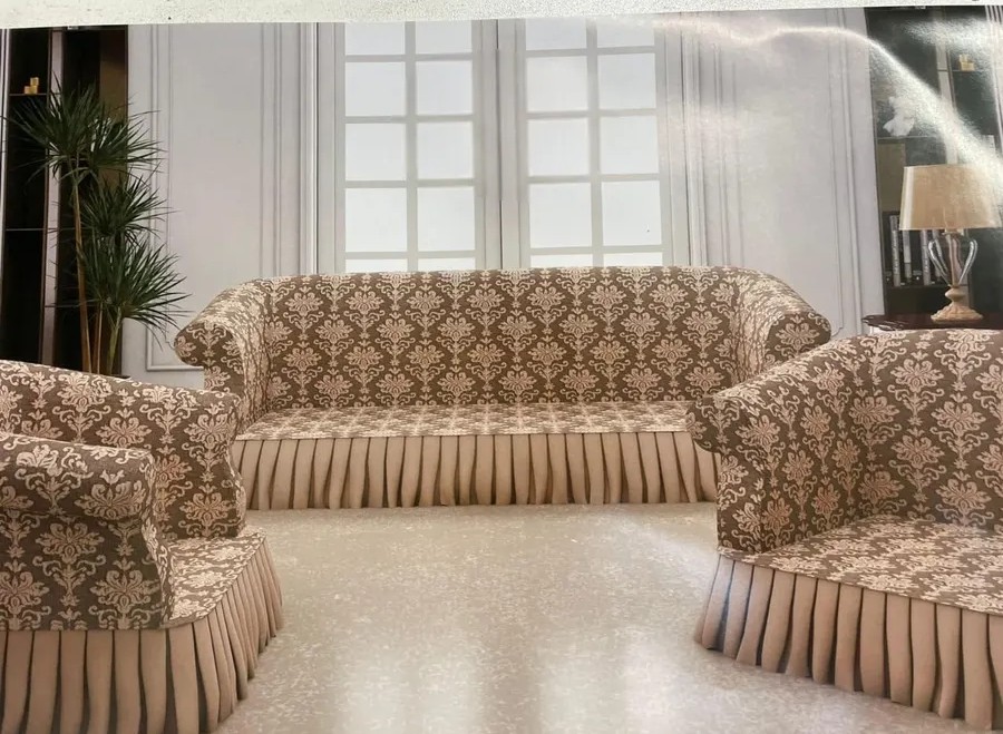 Комплект чехлов на 3-х местный диван и 2 кресла с оборкой Жаккард ,крем-брюле