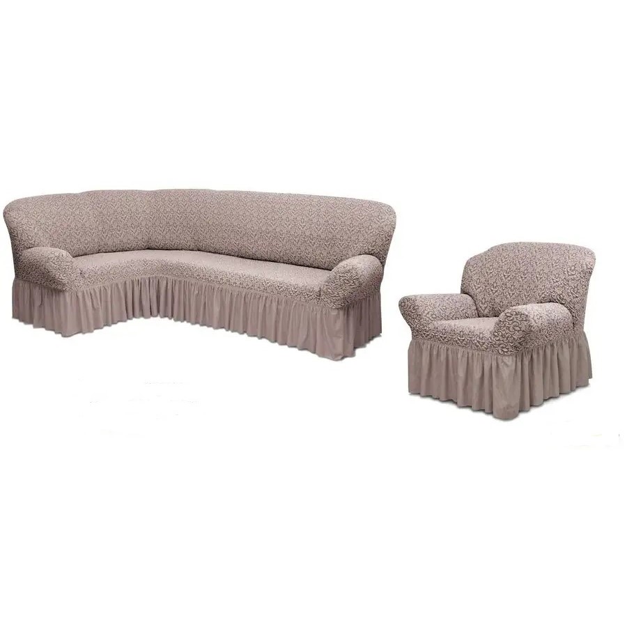 Чехол на угловой диван и кресло с оборкой Жаккард,Капучино