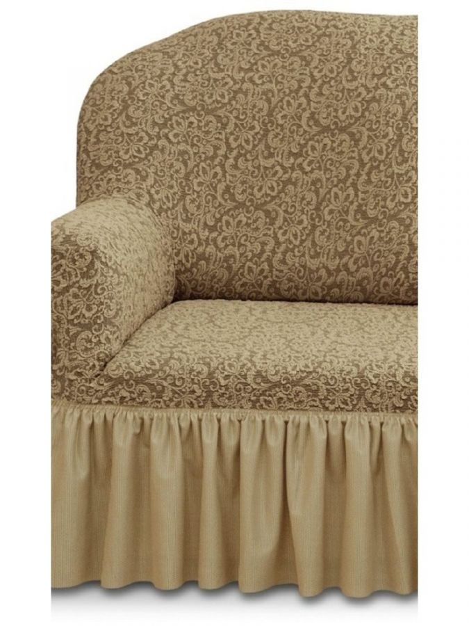 Чехол на угловой диван и кресло с оборкой Жаккард,Кофе с молоком