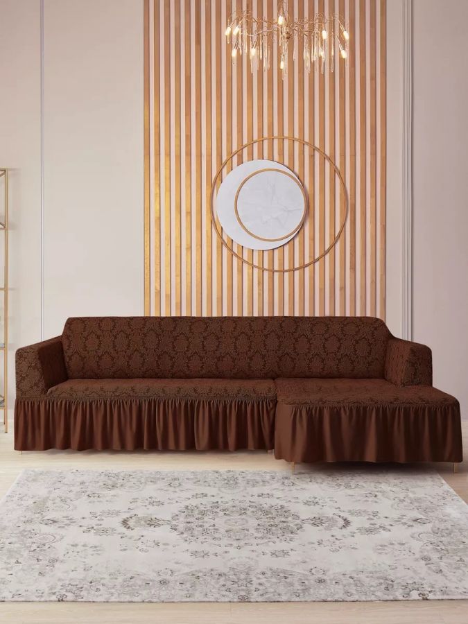 Чехол на угловой диван с оборкой Жаккард , шоколадный