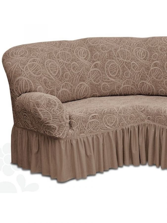 Чехол на угловой диван и кресло с оборкой Жаккард,Капучино
