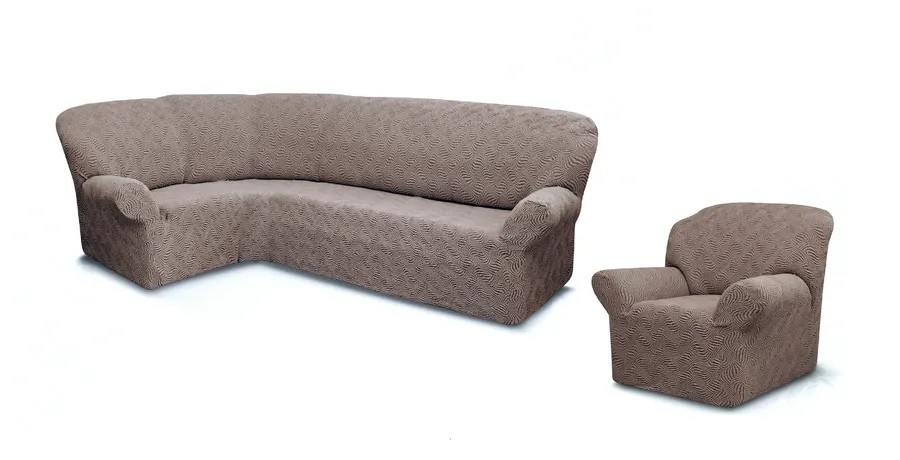 Чехол на угловой диван и кресло с без оборки,Жаккард, капучино