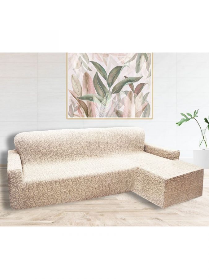 Чехол на угловой диван с оттоманкой правый угол Жаккард , кремовый