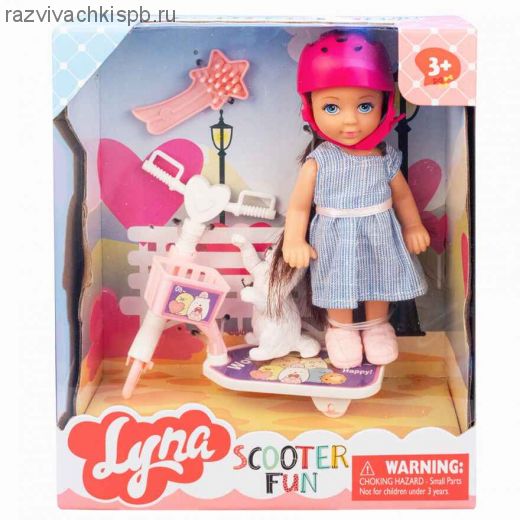Кукла(12см) Lyna на самокате с аксессуарами в коробке.