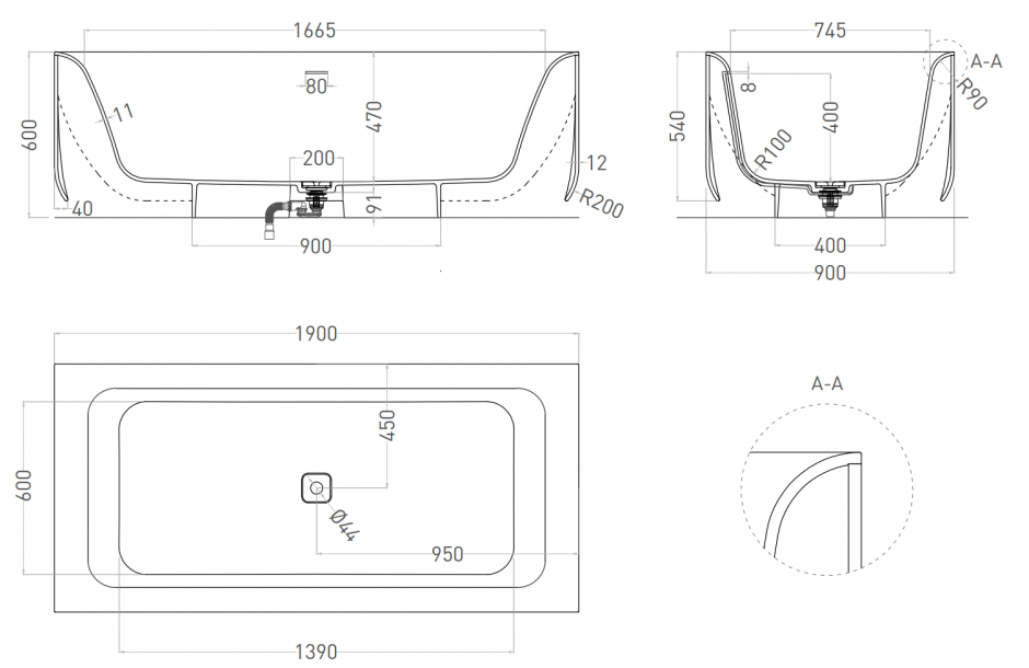 Отдельностоящая ванна Salini ARIA 1051101 190х90 ФОТО
