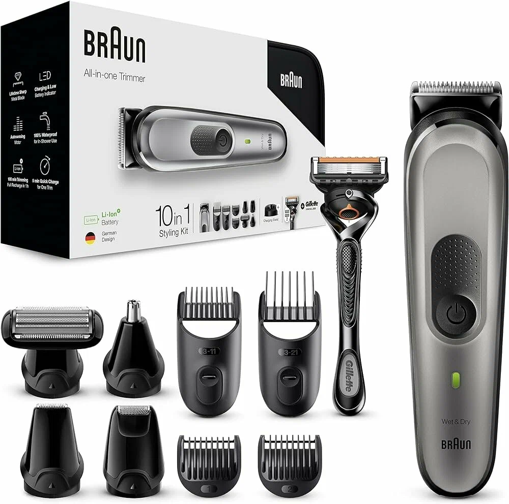 Триммер универсальный  Braun MGK7920TS 10в1+ Бритва Gillette, 2 кассеты, тип 5544, серебристый/черный