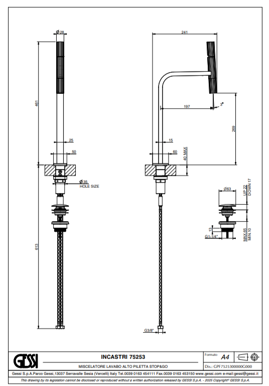 Смеситель для раковины Gessi Incastri 75253 с донным клапаном высота 46,1 см ФОТО