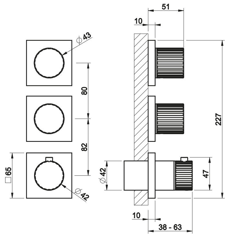 Смеситель для душа Gessi Incastri 75334 с термостатом на 2 запорных вентиля горизонтальная установка ФОТО