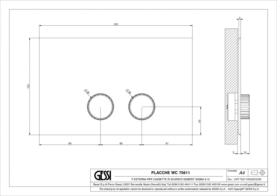 Панель смыва Gessi Incastri 75611 Geberit Sigma 12 24,5x15,5 см ФОТО