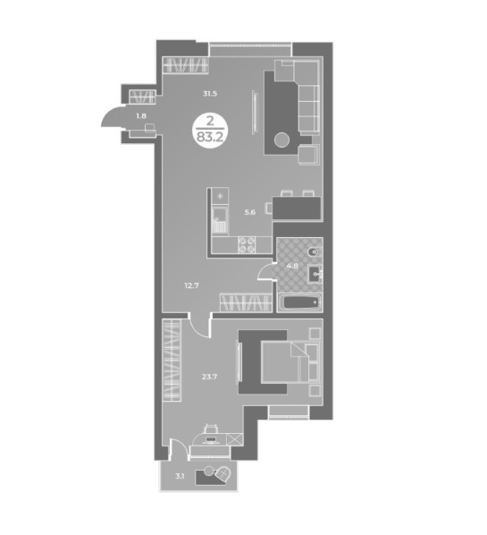 2-комнатная квартира 83,2кв.м.Генерала Тихонова 14