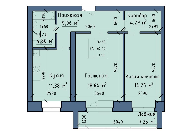 2-комнатная квартира 66,02кв.м. Авиаторов 1Д