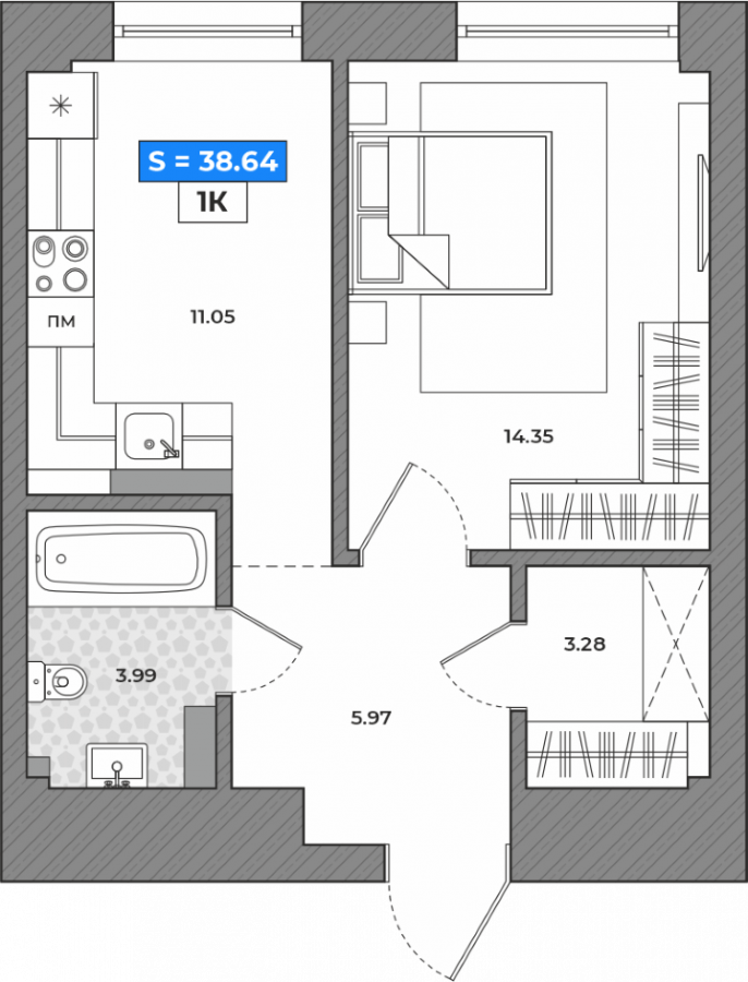 1-комнатная квартира 38,64кв.м. Небесные грани, Полярный