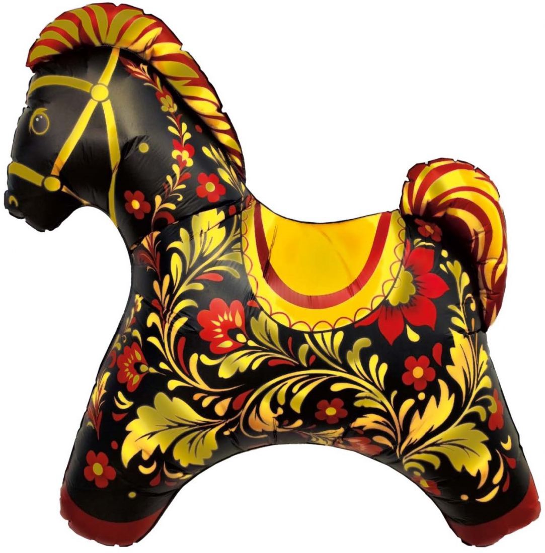 Лошадка русский узор золотой шар фольгированный фигурный с гелием