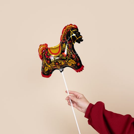 Лошадка русский узор золотой на палочке с воздухом