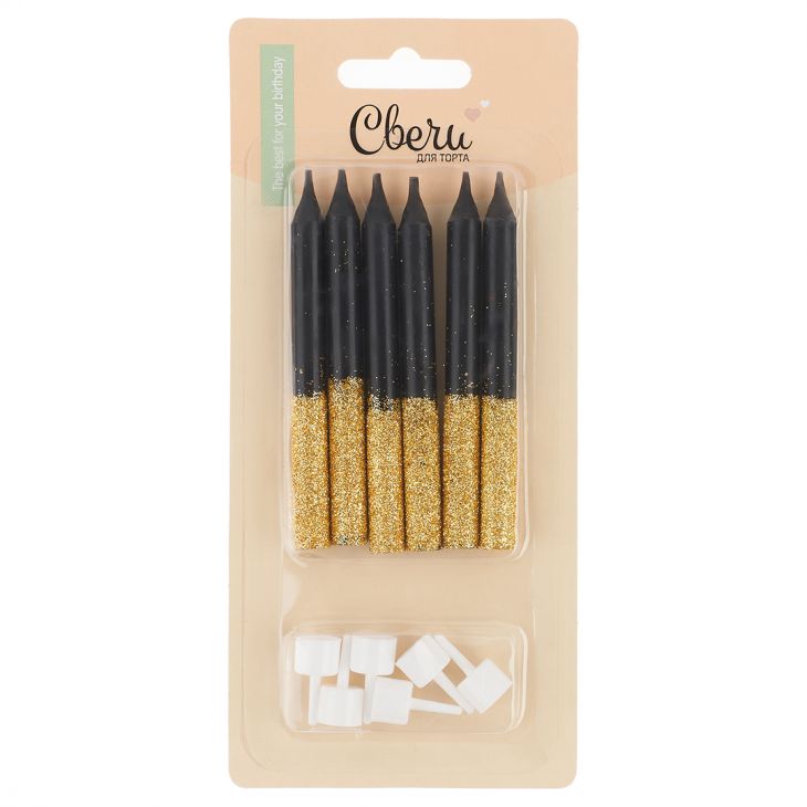Свечи Сверкающий глиттер, Черный/Золото, с блестками, 0,77*8 см, 6 шт