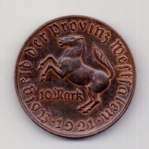 10 марок 1921 Вестфалия 38 мм UNC Германия
