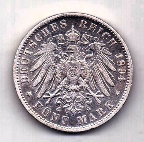 5 марок 1894 Бавария Германия Редкий год XF