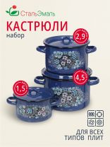 Набор посуды эмалированная сталь, 3 предмета, кастрюли 1.5,2.9,4.5 л, индукция, СтальЭмаль, Голубика, 1с33