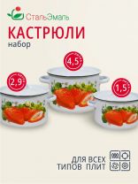 Набор посуды эмалированная сталь, 3 предмета, кастрюли 1.5,2.9,4.5 л, индукция, СтальЭмаль, Клубника садовая, 1с33